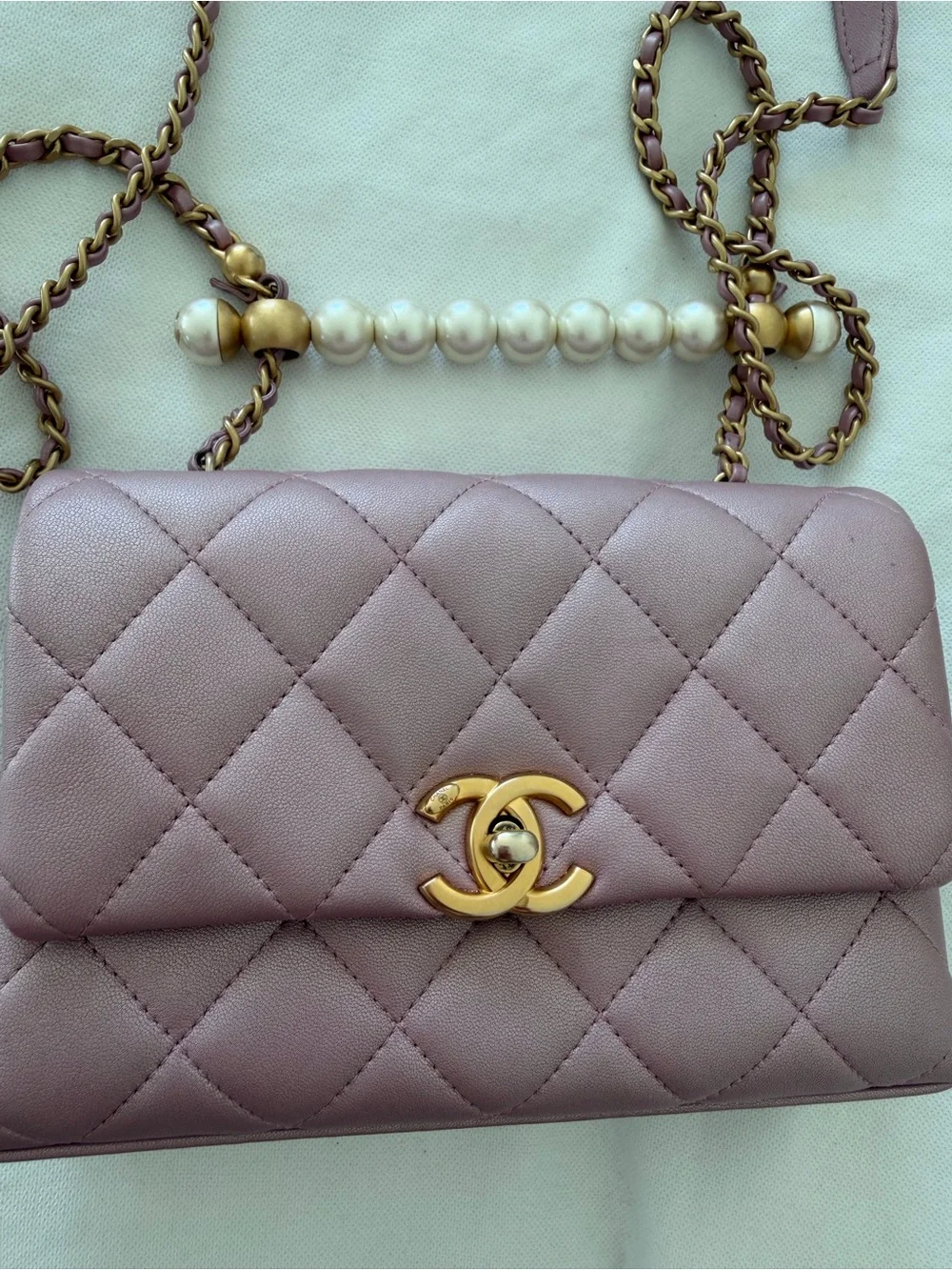 Authentic CHANEL Quilted Mini Pearl Flap Bag in Pale Pink